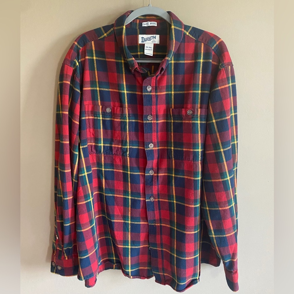 Duluth Trading Co Red Navy Yellow Plaid Button-Down Shirt
